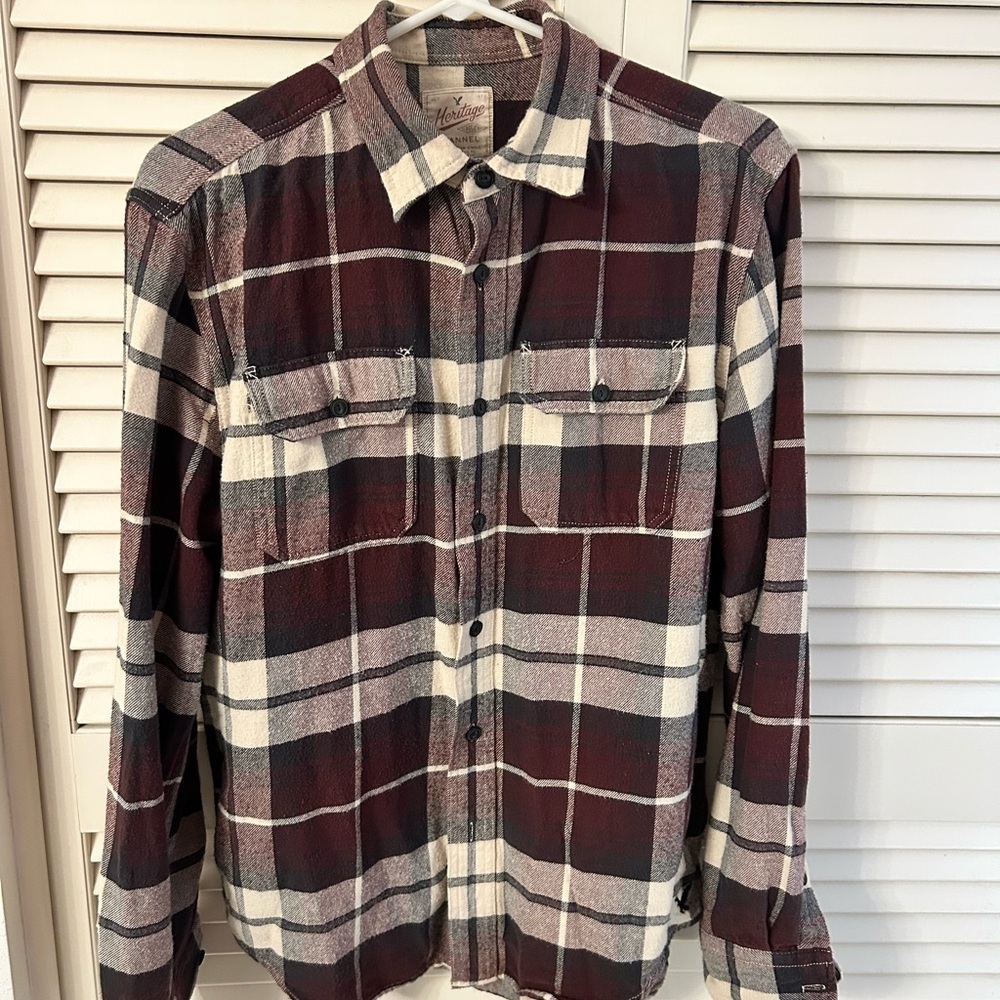 American Eagle Outfitters Men's Plaid Shirt - Maroon and Cream